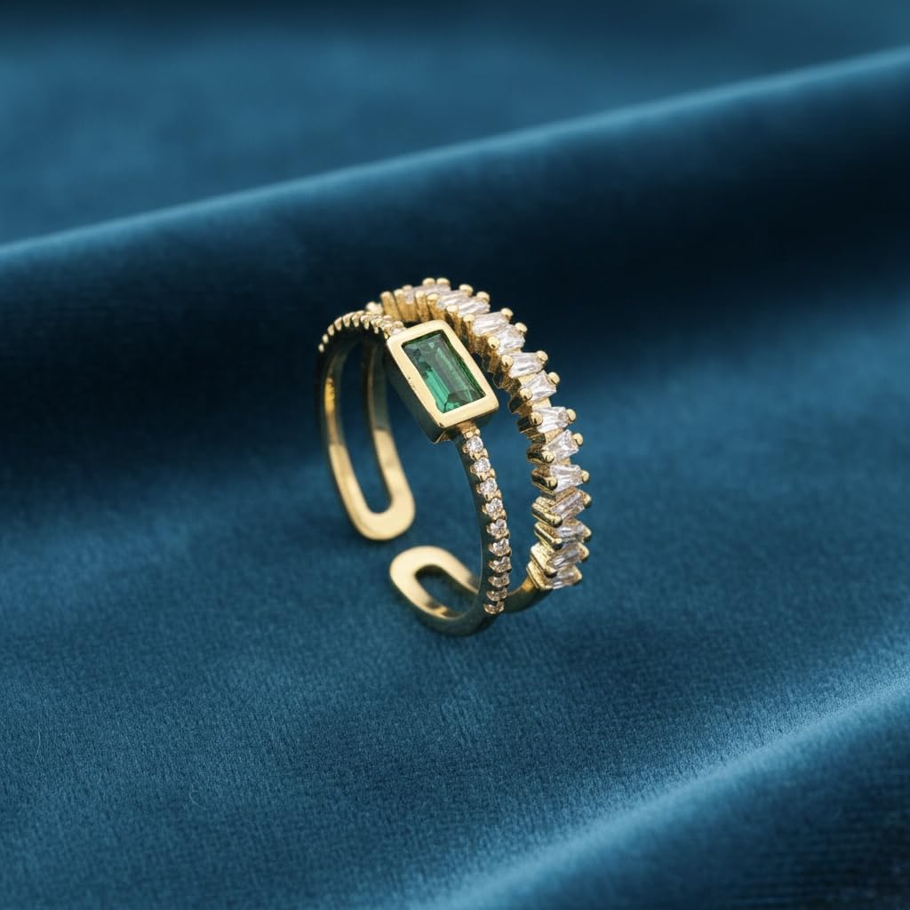 Sushee Anti Tarnish Green Crystal Gold-Tone Adjustable Ring for Women