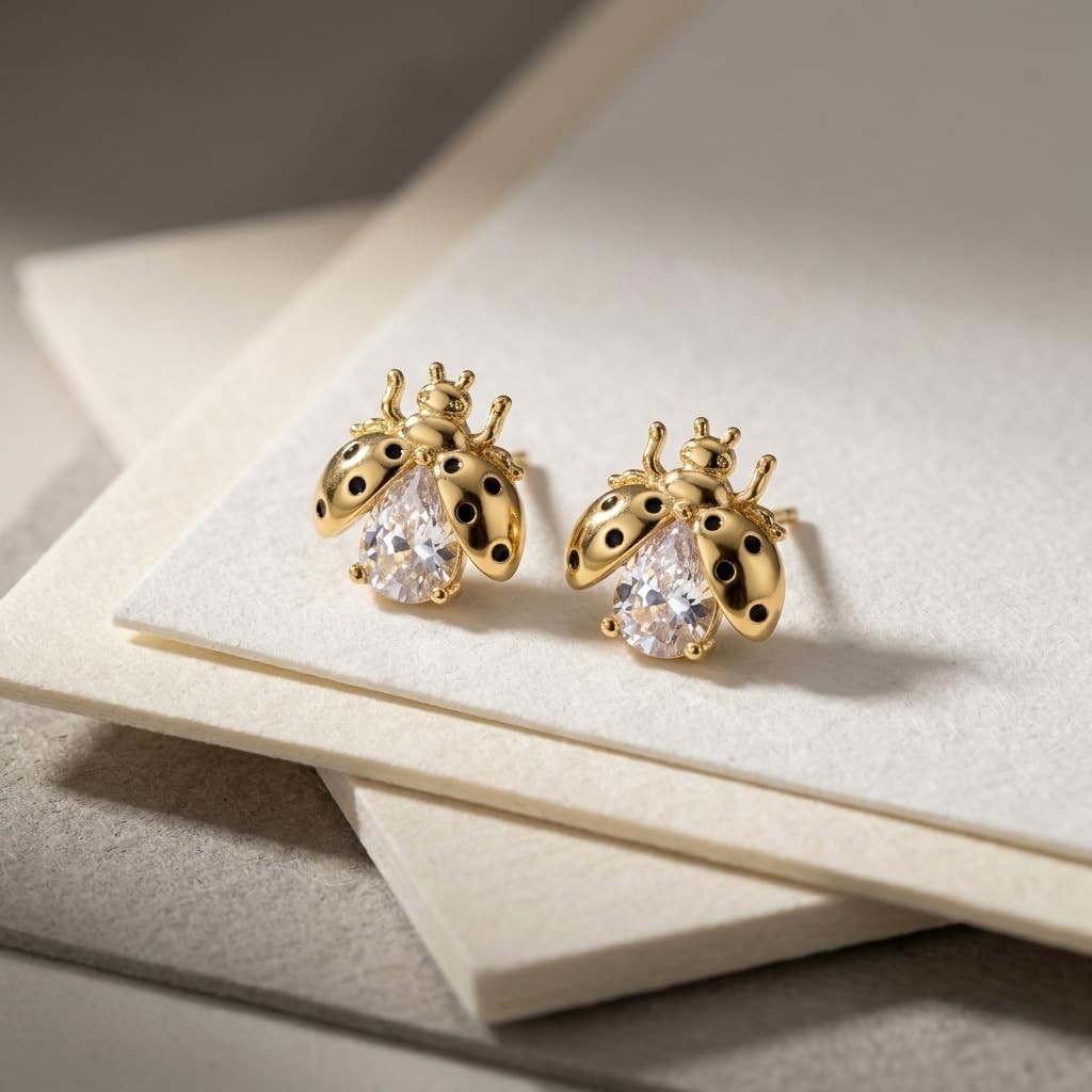 Gold Plated Bee Stud Earrings Crystal Ladybug Cute Minimal Studs
