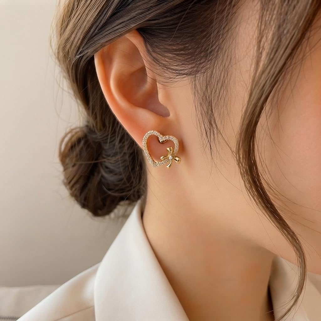SUSHEE Heart Bow Stud Earrings for Women & Girls | Gold Plated