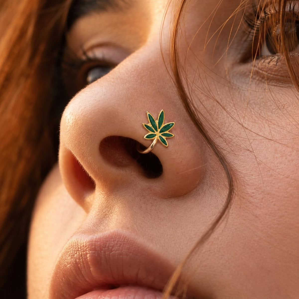 Sushee Green Weed Leaf Nose Pin for Women | Gold Tone Floral Nose Ring