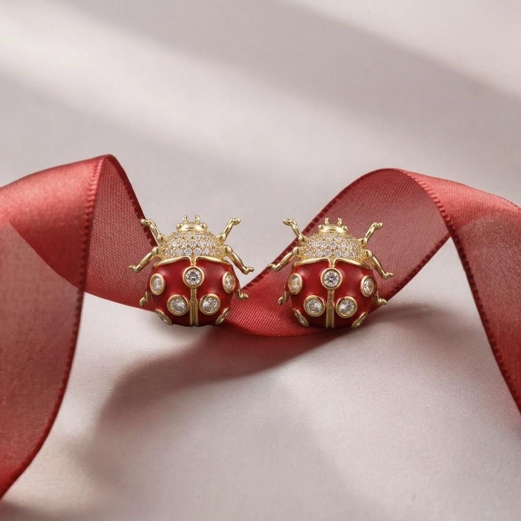Red Ladybug Stud Earrings Gold Plated Crystal Cute Statement Studs