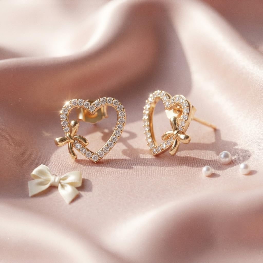 SUSHEE Heart Bow Stud Earrings for Women & Girls | Gold Plated