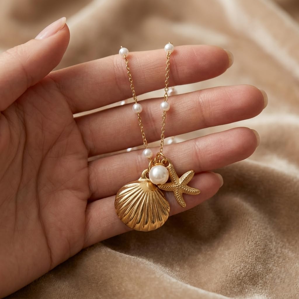 Sushee Pearl Shell & Starfish Pendant Necklace for Women Gold Plated