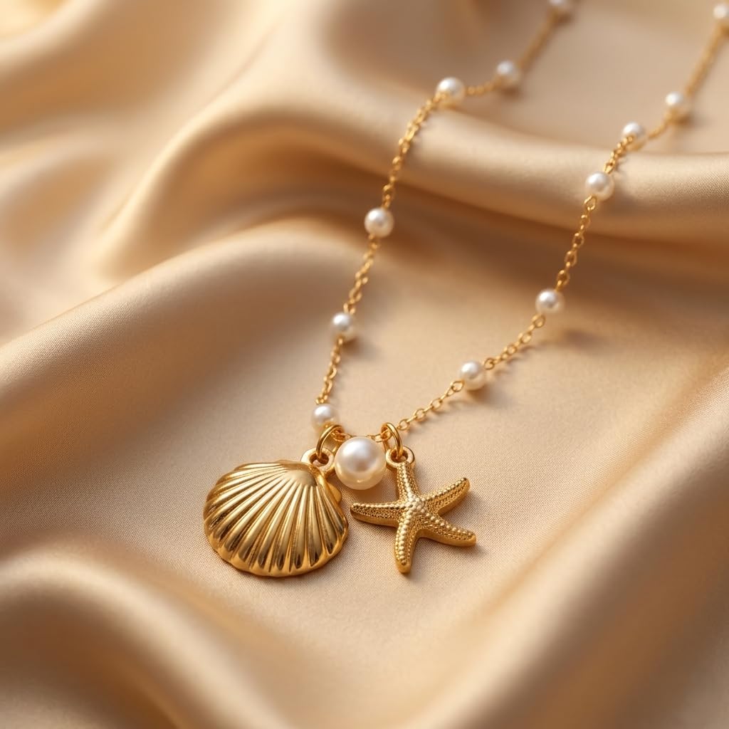 Sushee Pearl Shell & Starfish Pendant Necklace for Women Gold Plated