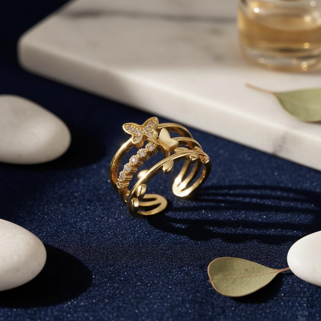 Sushee Butterfly Themed Gold Plated Stainless Steel Adjustable Ring for Women