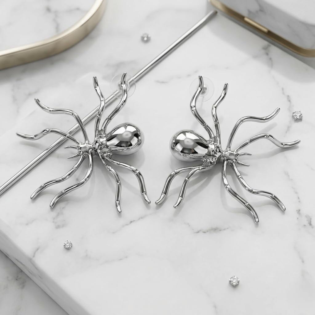 Sushee Spider Stud Earrings for Women | Silver Tone Statement Stud Earrings
