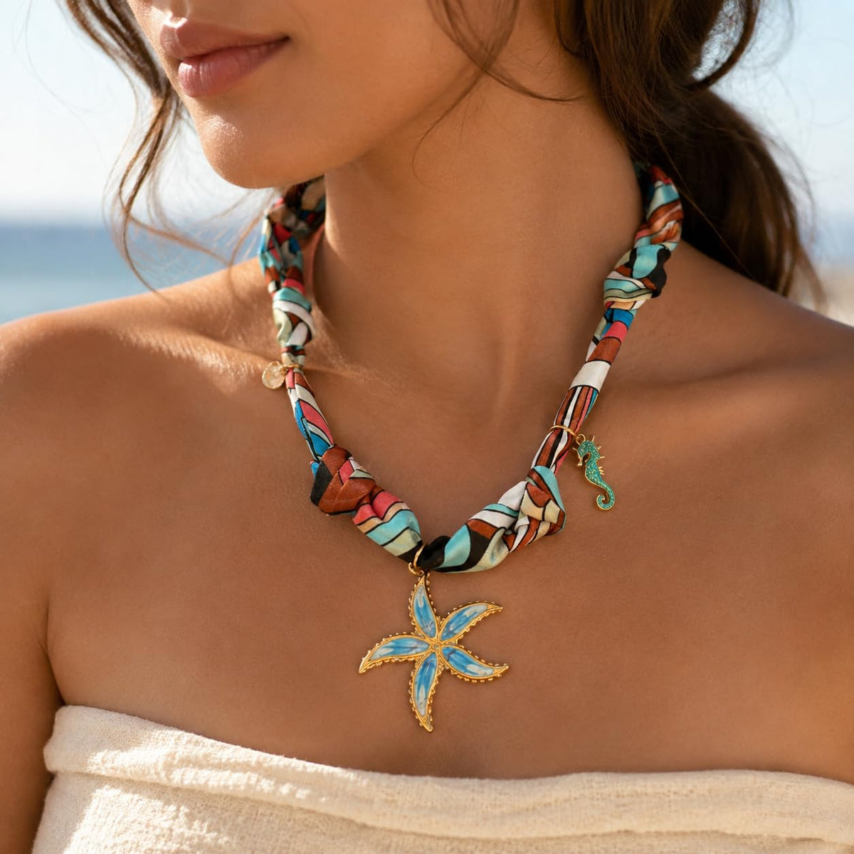 Sushee Blue Flower Scarf Necklace | Floral Beach Jewellery