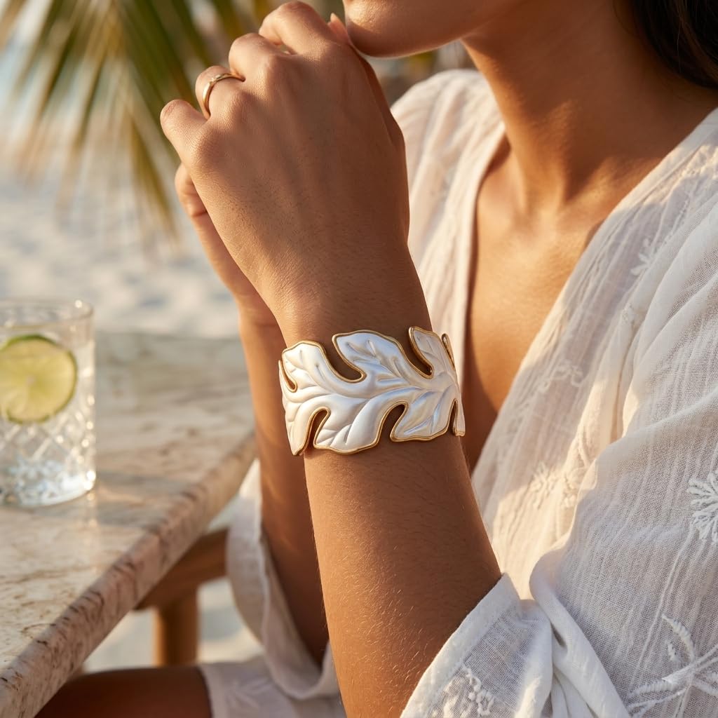 Sushee White Leaf Cuff Bracelet for Women