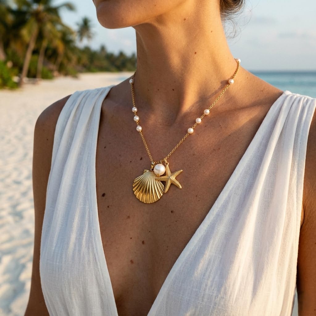 Sushee Pearl Shell & Starfish Pendant Necklace for Women Gold Plated