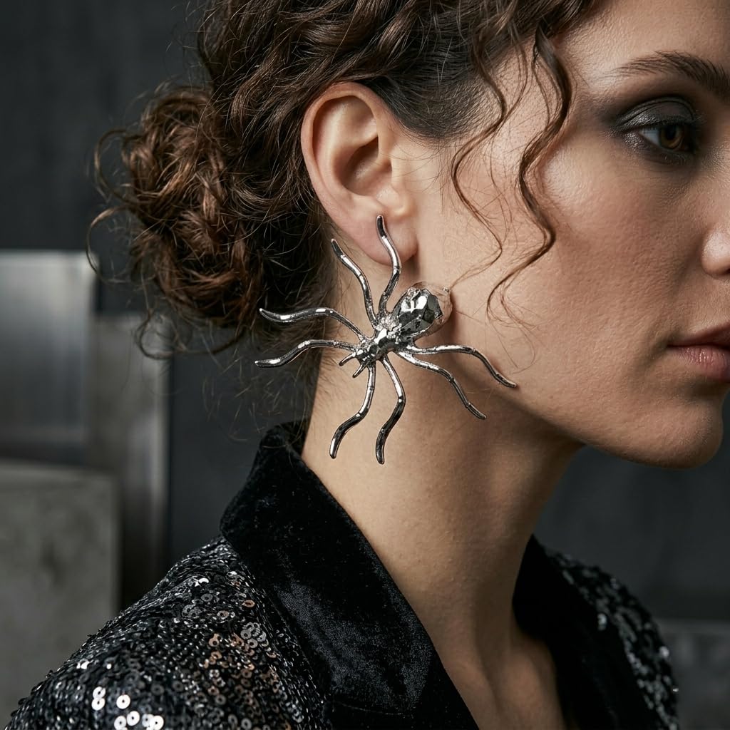 Sushee Spider Stud Earrings for Women | Silver Tone Statement Stud Earrings