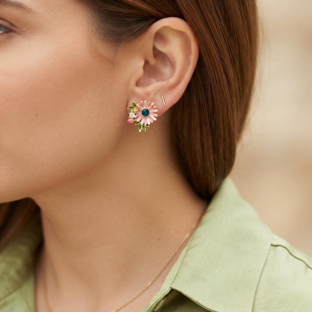 SUSHEE Anti Tarnish Pink Flower Stud Earrings for Women Gold Plated