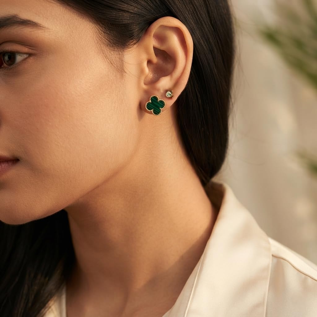SUSHEE Green Clover Stud Earrings for Women