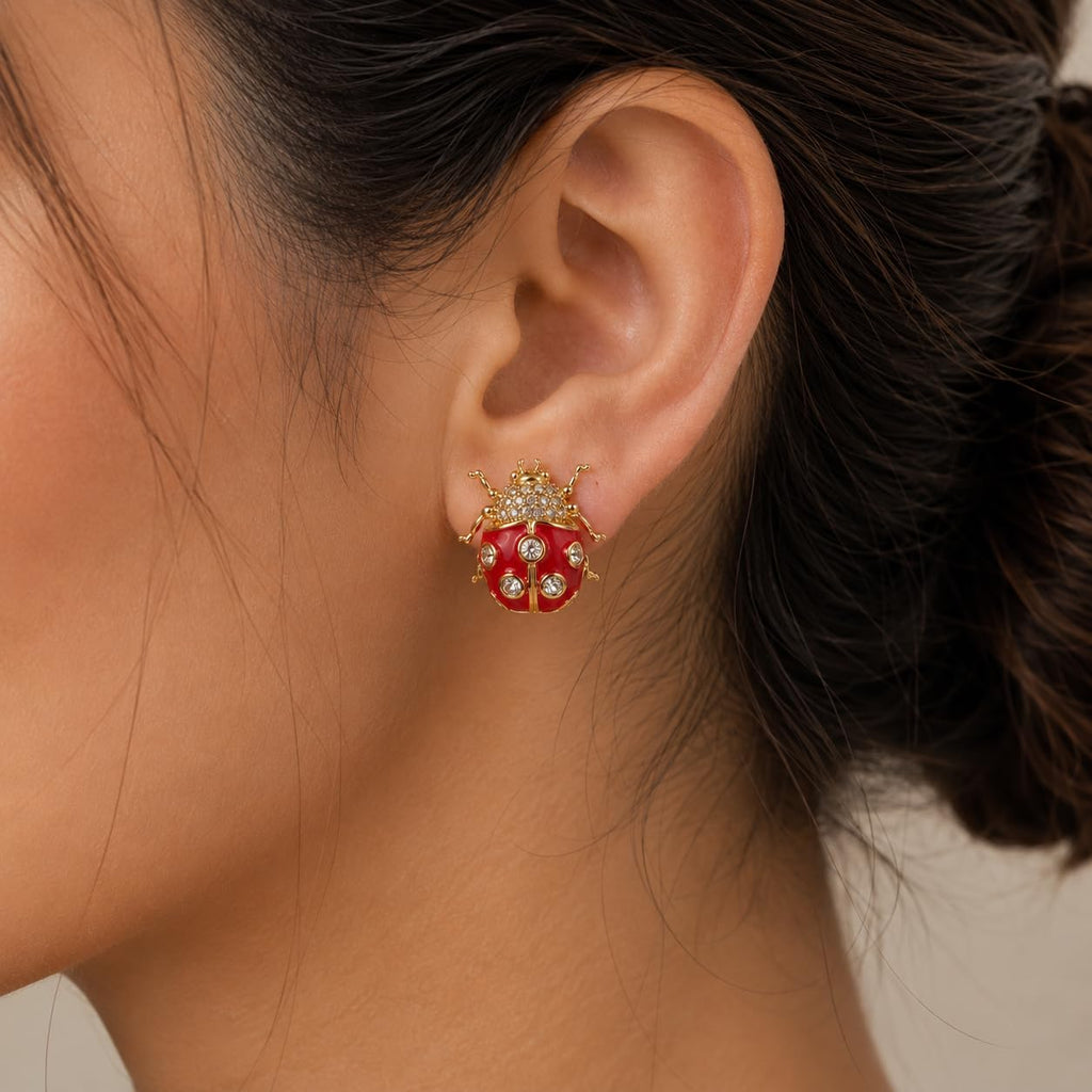 Red Ladybug Stud Earrings Gold Plated Crystal Cute Statement Studs