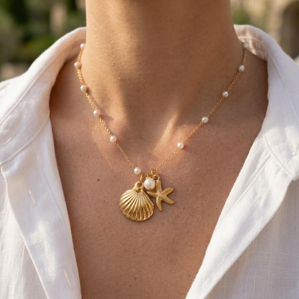 Sushee Pearl Shell & Starfish Pendant Necklace for Women Gold Plated