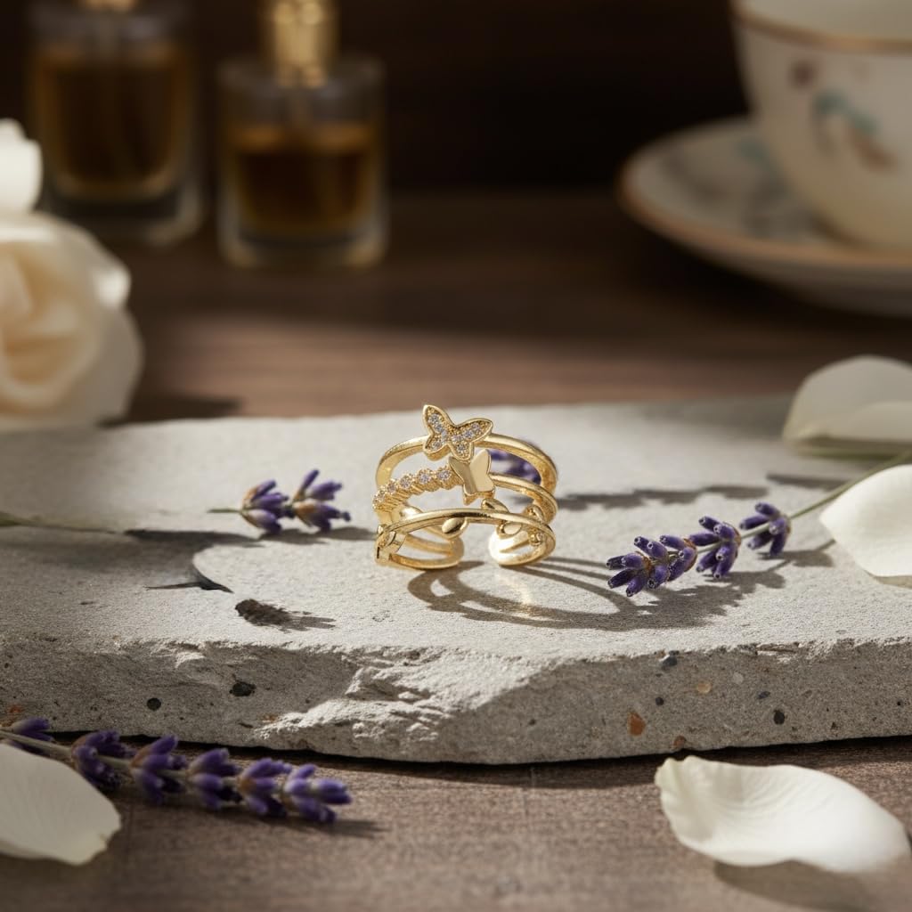 Sushee Butterfly Themed Gold Plated Stainless Steel Adjustable Ring for Women