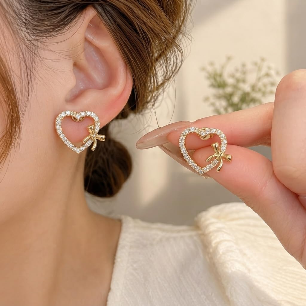 SUSHEE Heart Bow Stud Earrings for Women & Girls | Gold Plated