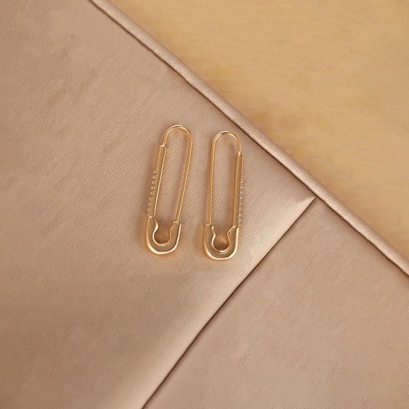 SUSHEE Anti Tarnish Gold Plated Safety Pin Shaped AD Studded Drop Earrings for Women