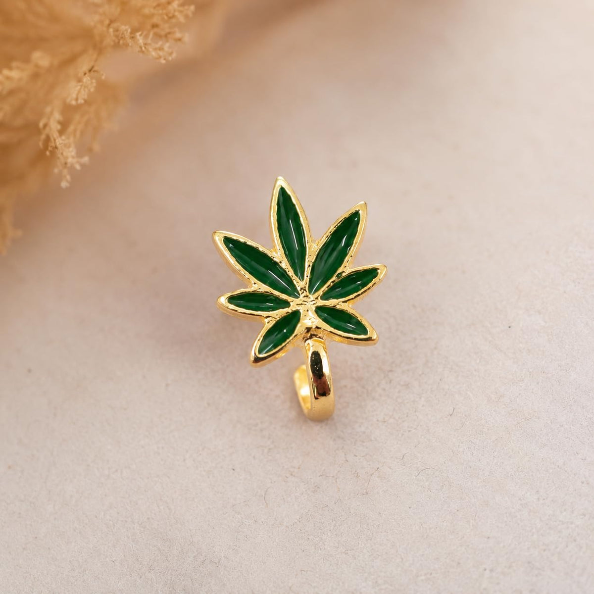 Sushee Green Weed Leaf Nose Pin for Women | Gold Tone Floral Nose Ring