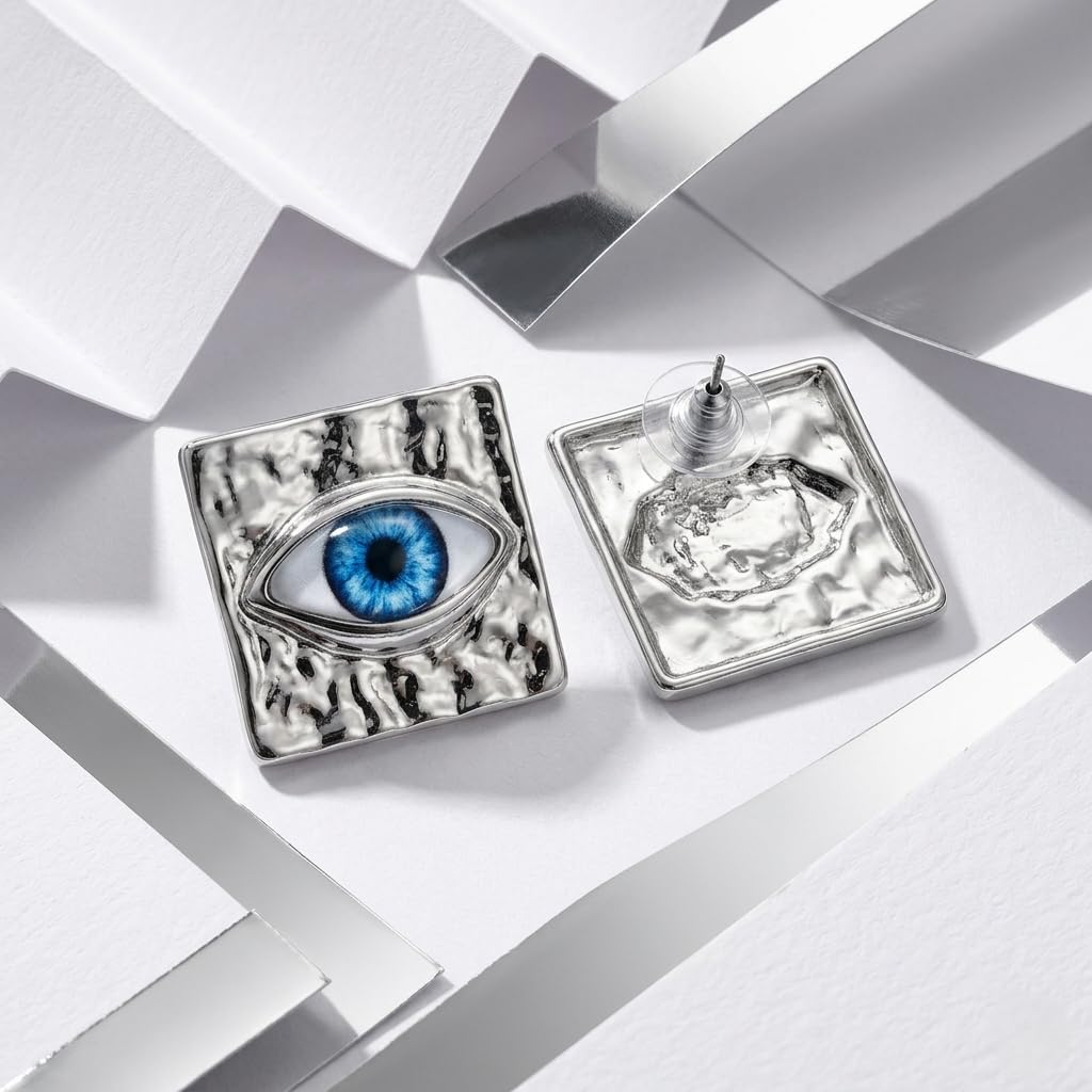 Sushee Evil Eye Stud Earrings for Women | Silver Tone Square Eye Earrings