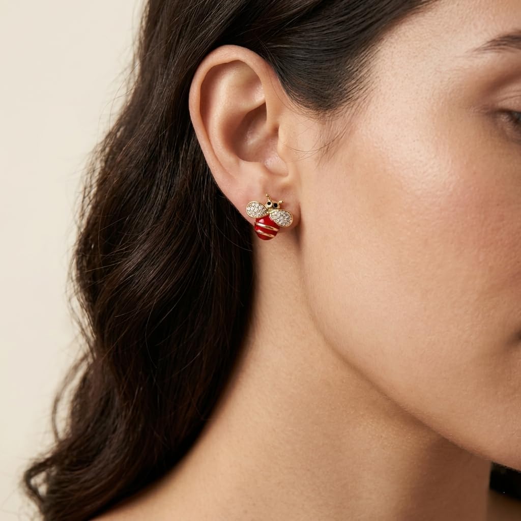 Gold Plated Bee Stud Earrings Crystal Ladybug Cute Minimal Studs