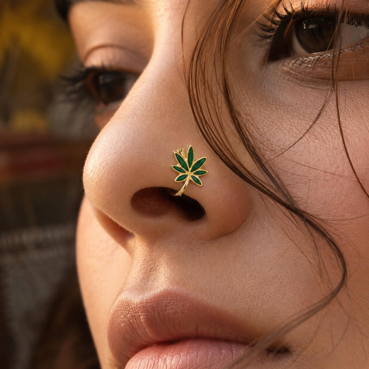 Sushee Green Weed Leaf Nose Pin for Women | Gold Tone Floral Nose Ring