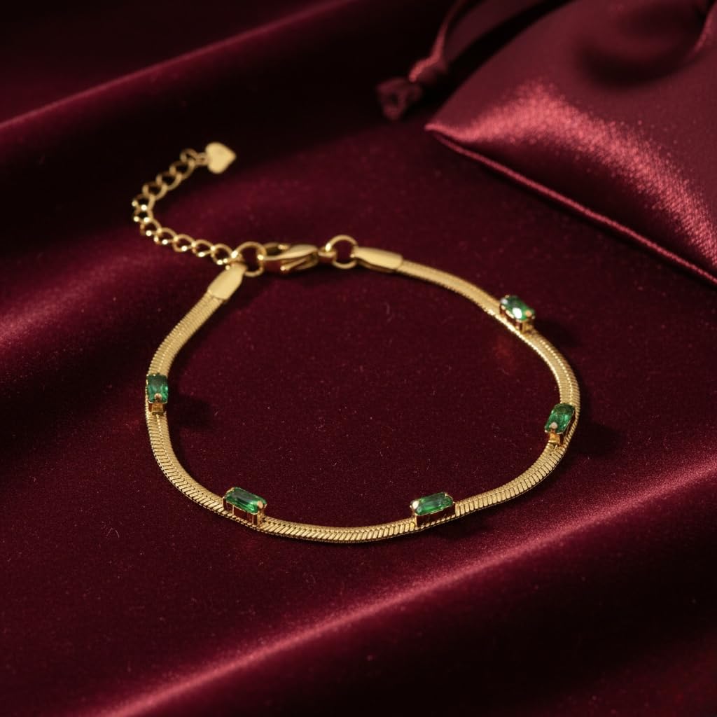 Sushee Emerald Luxe Gold Bracelet for Women Anti Tarnish Stainless Steel Adjustable Green Stone Bracelet Trendy Latest Minimal Fashion Jewellery