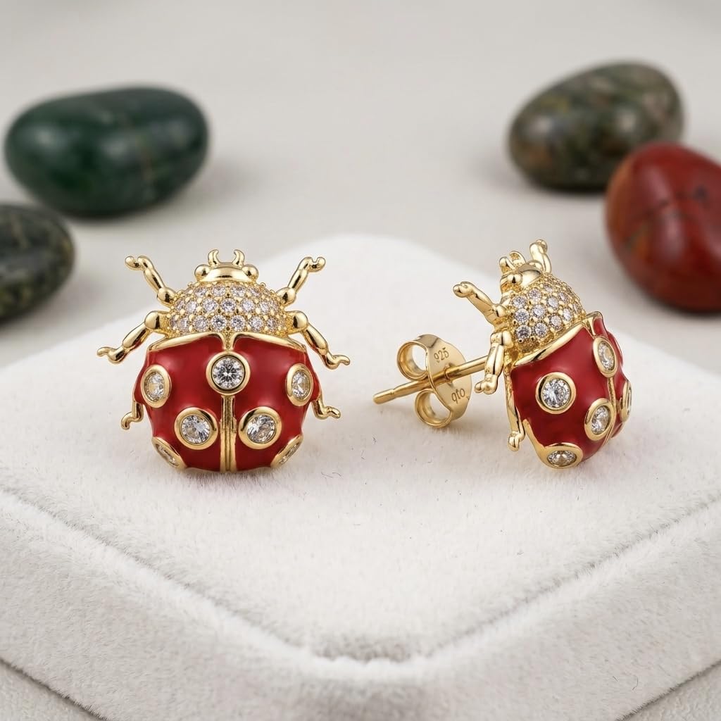 Red Ladybug Stud Earrings Gold Plated Crystal Cute Statement Studs