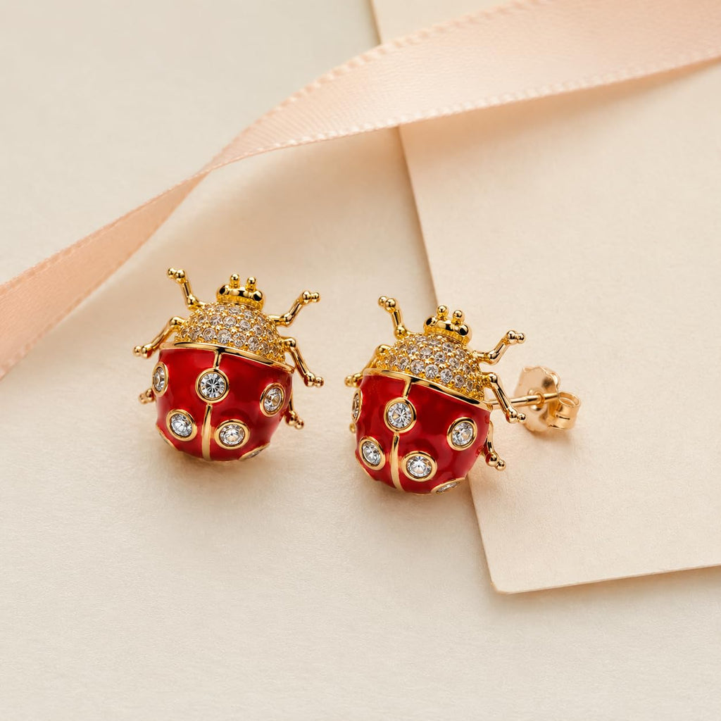 Red Ladybug Stud Earrings Gold Plated Crystal Cute Statement Studs