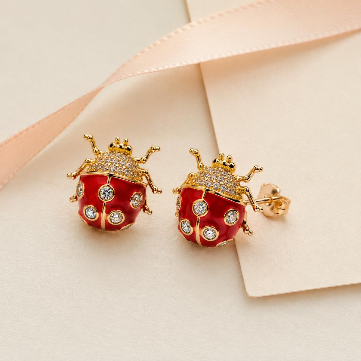 Red Ladybug Stud Earrings Gold Plated Crystal Cute Statement Studs