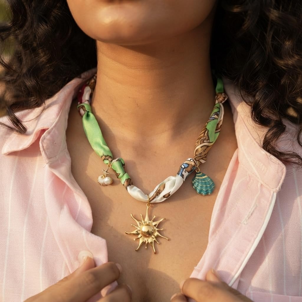 Sushee Anti-Tarnish Sun Scarf Necklace for Women | Gold Sun Charm Pendant | Adjustable Beach Jewellery