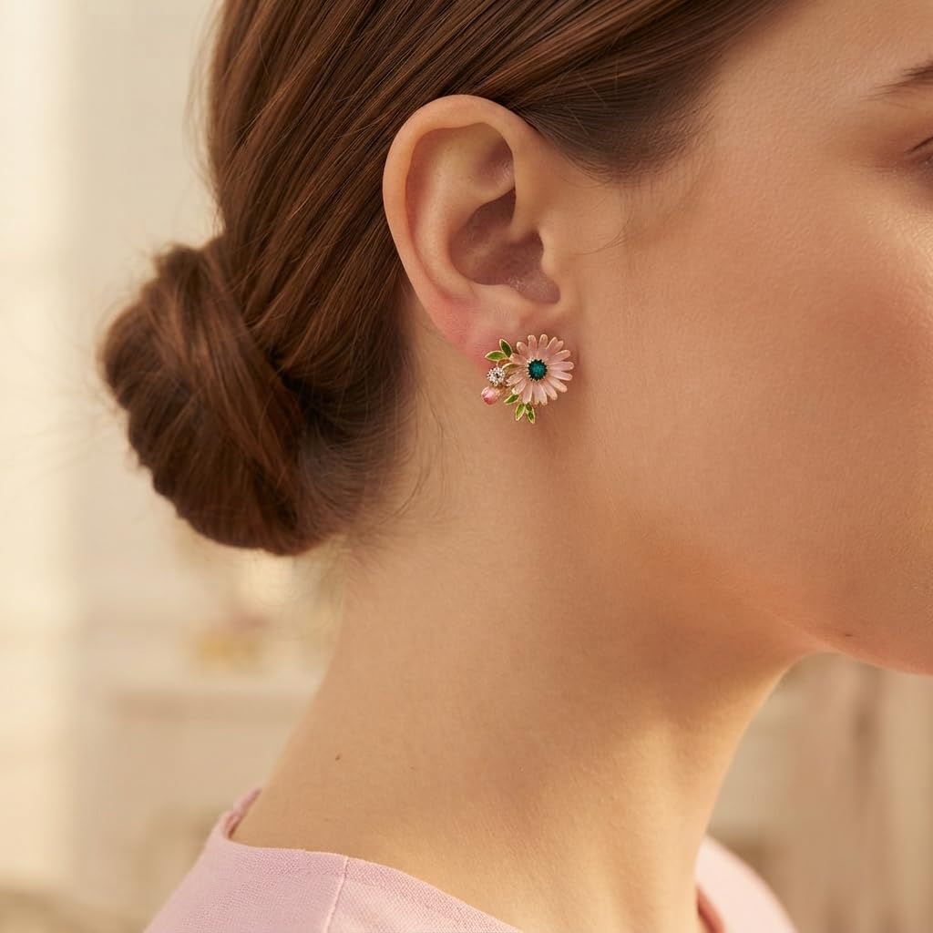 SUSHEE Anti Tarnish Pink Flower Stud Earrings for Women Gold Plated