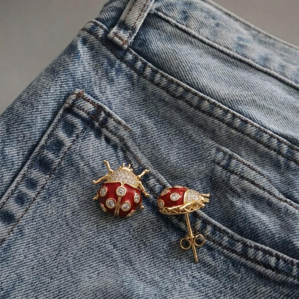 Red Ladybug Stud Earrings Gold Plated Crystal Cute Statement Studs