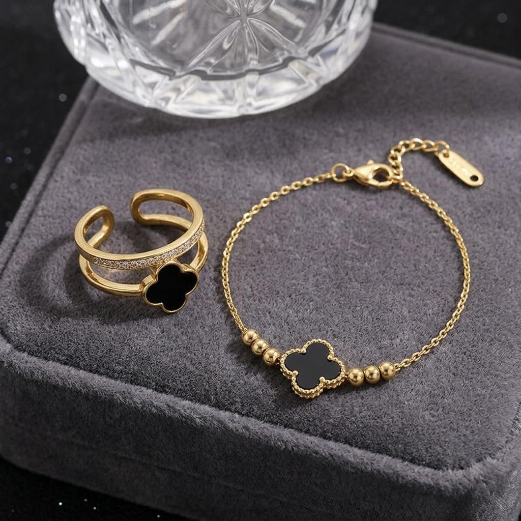 Sushee Clover Bracelet and Ring Combo for Women Anti Tarnish Stainless Steel Adjustable