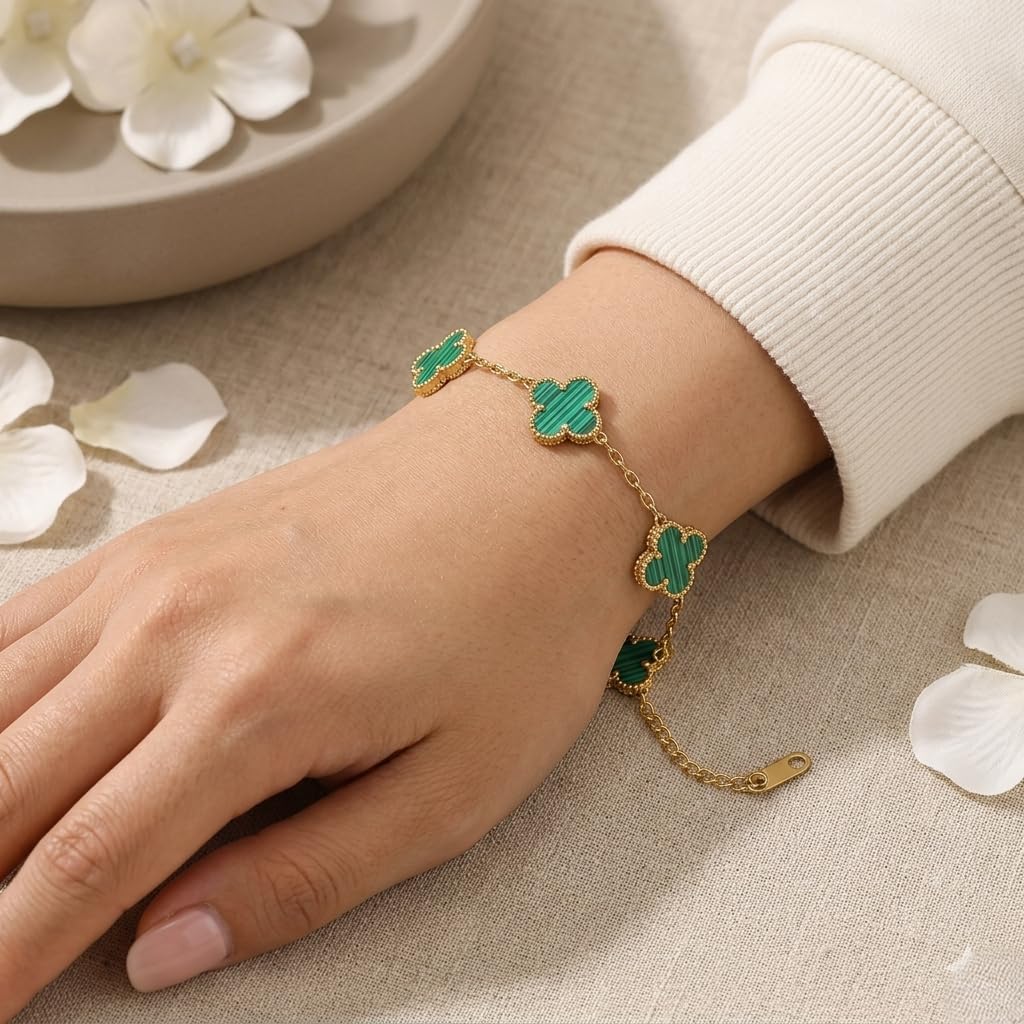 Sushee Green Clover Bracelet for Men Women Anti Tarnish Stainless Steel Adjustable Gold Chain Bracelet T