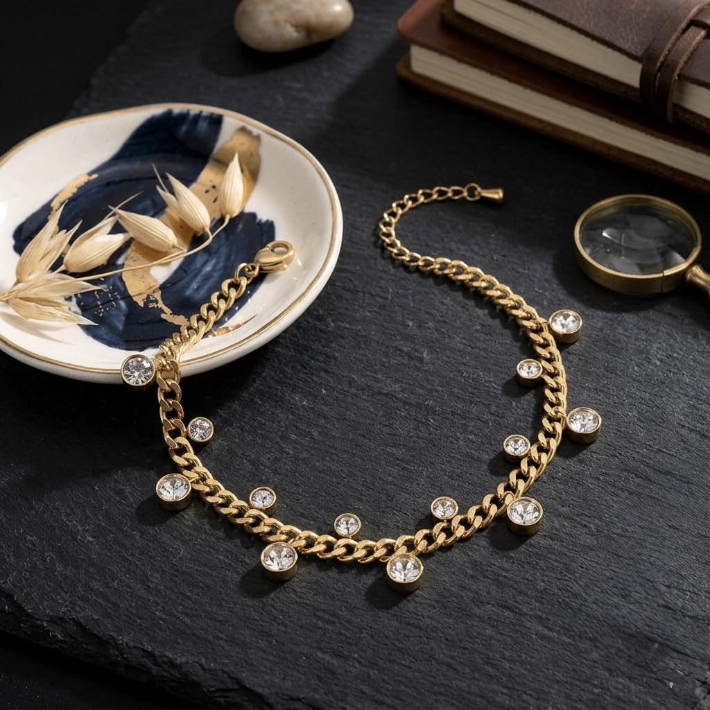 Sushee Crystal Accents Chain Bracelet for Women Anti Tarnish Stainless Steel Adjustable