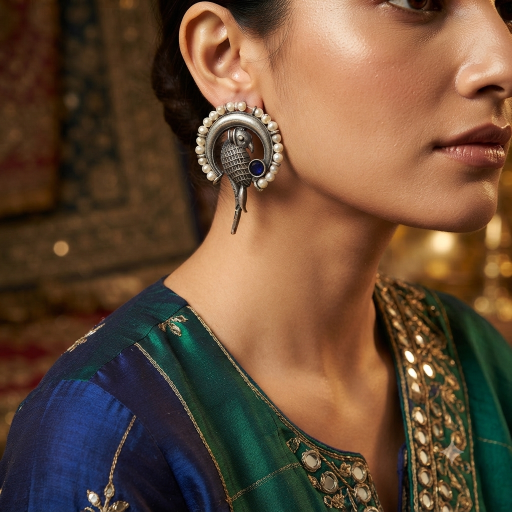 SUSHEE Peacock Pearl Oxidised Earrings
