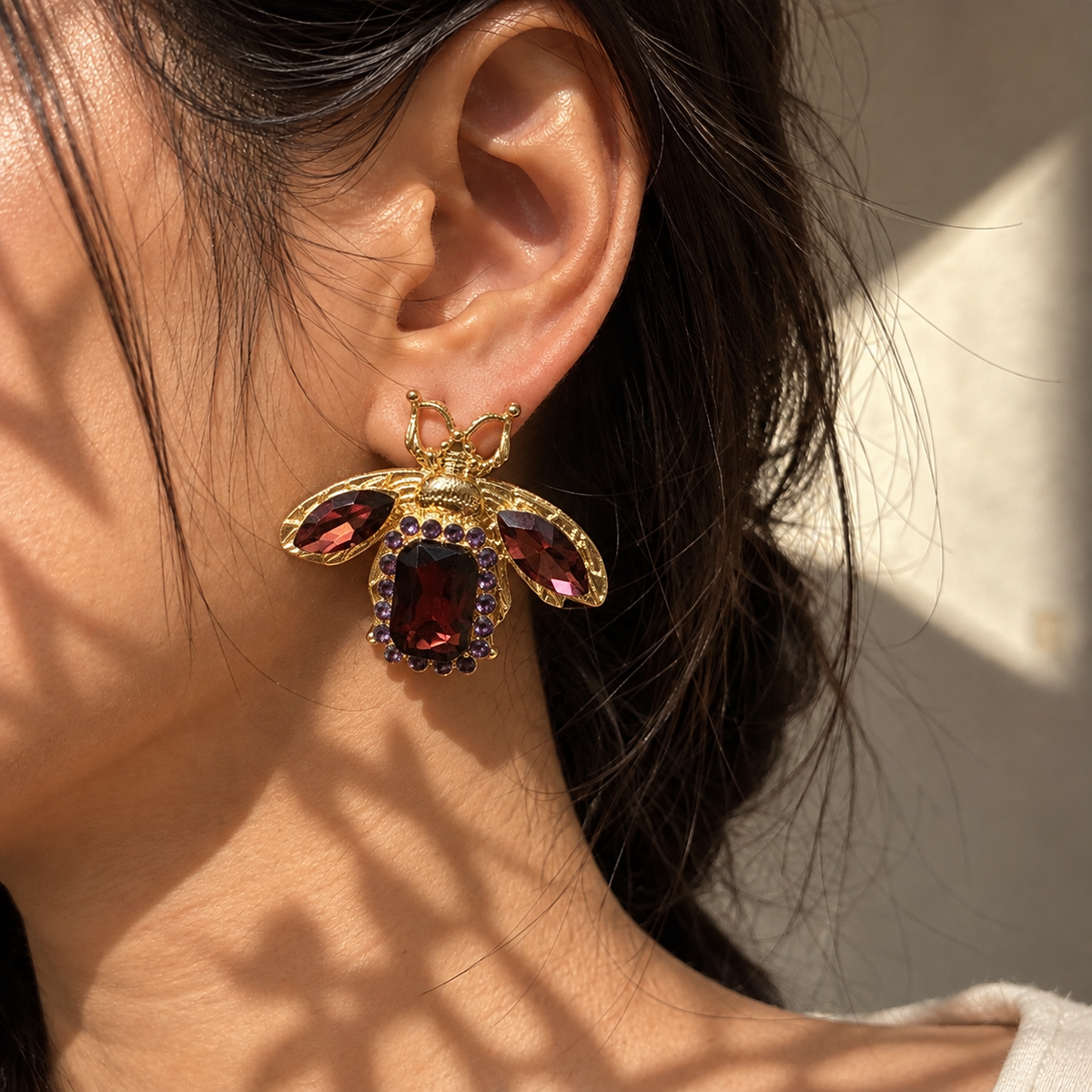 Sushee Garnet Bee Statement Earrings