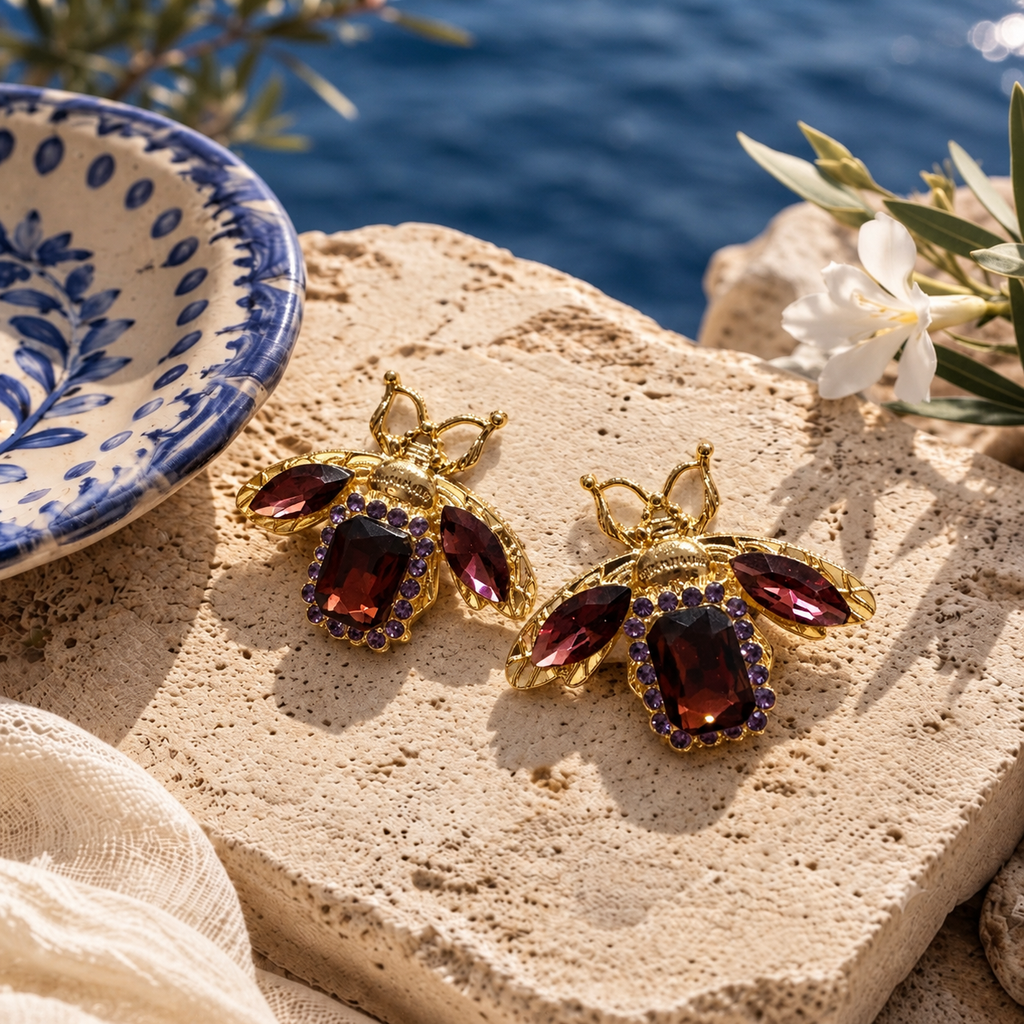 Sushee Garnet Bee Statement Earrings