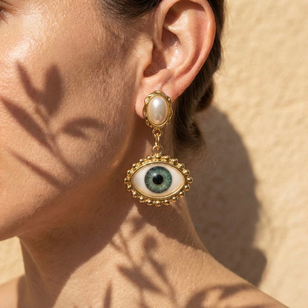 SUSHEE Evil Eye Pearl Drop Earrings