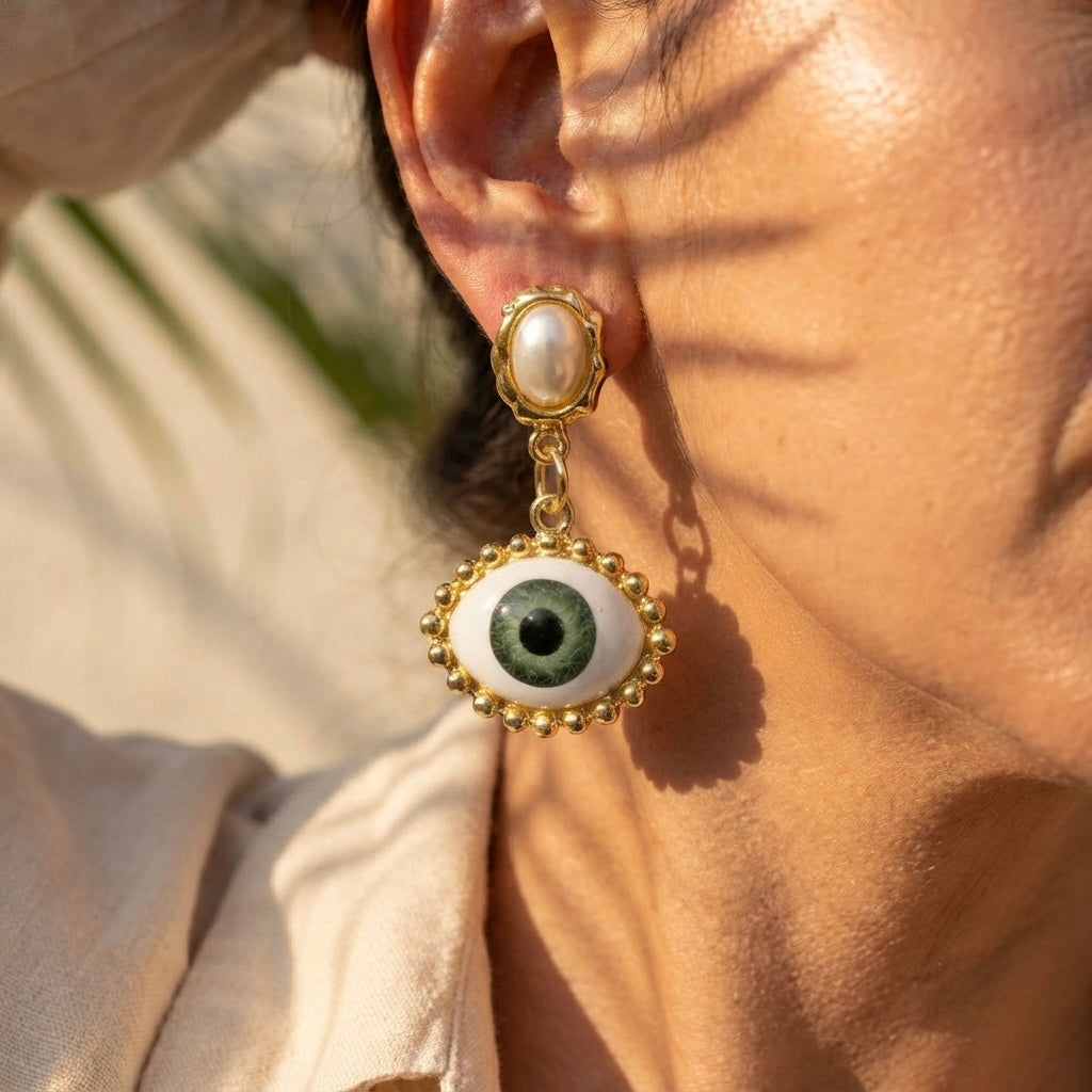 SUSHEE Evil Eye Pearl Drop Earrings