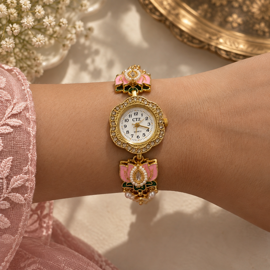 Rajwada Pink Lotus Pearl Watch By Sushee