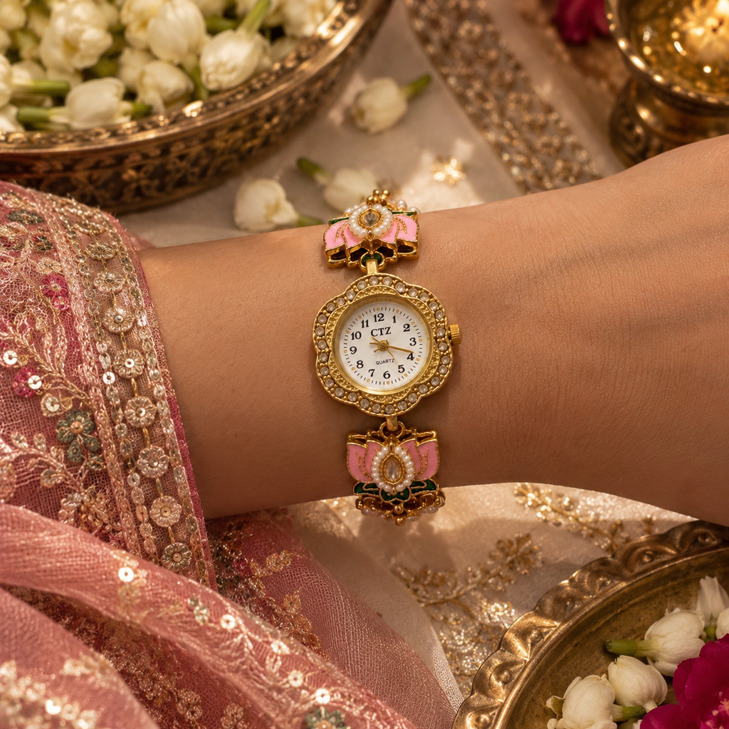 Rajwada Pink Lotus Pearl Watch By Sushee