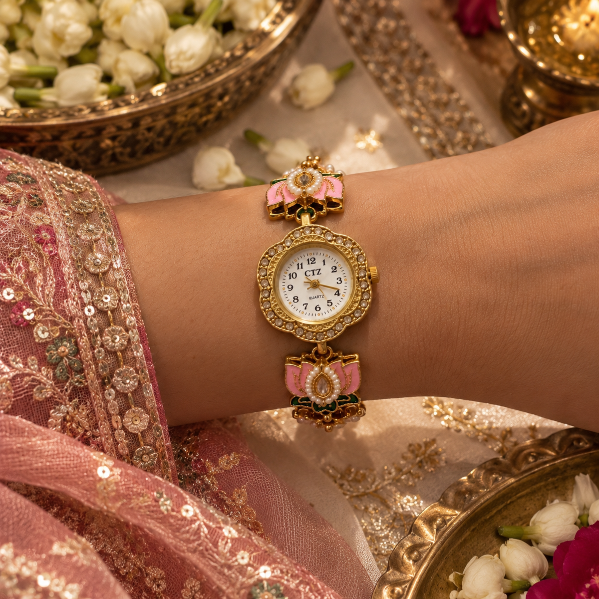 Rajwada Pink Lotus Pearl Watch By Sushee