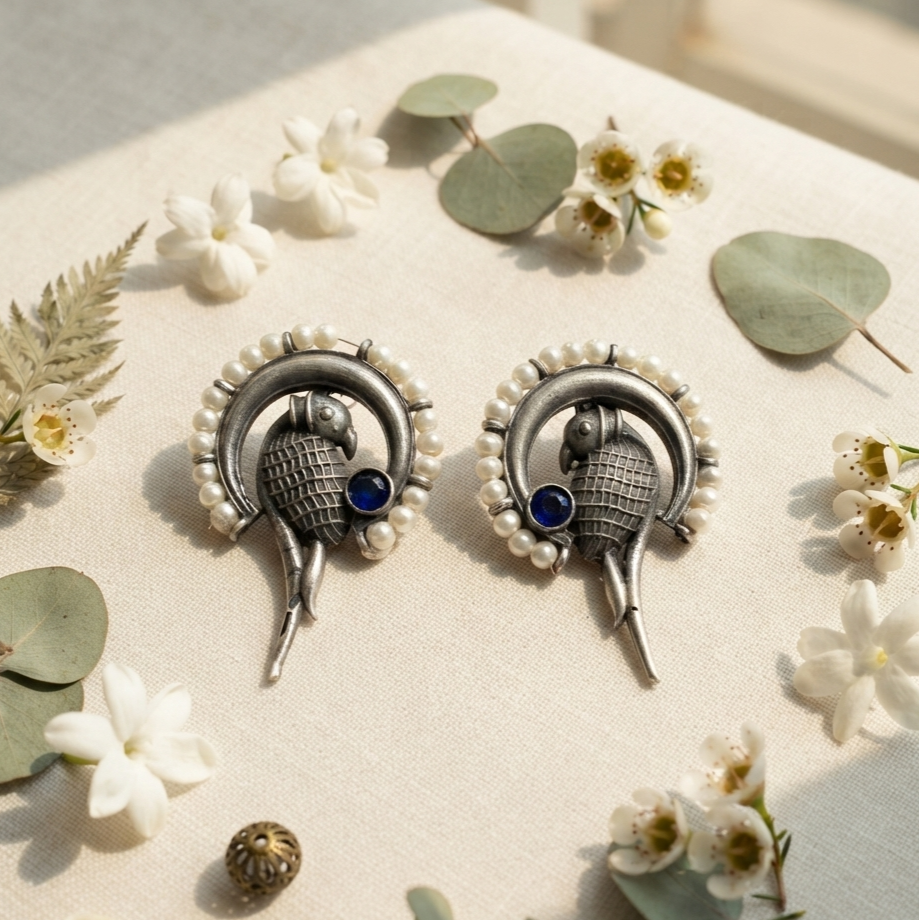 SUSHEE Peacock Pearl Oxidised Earrings