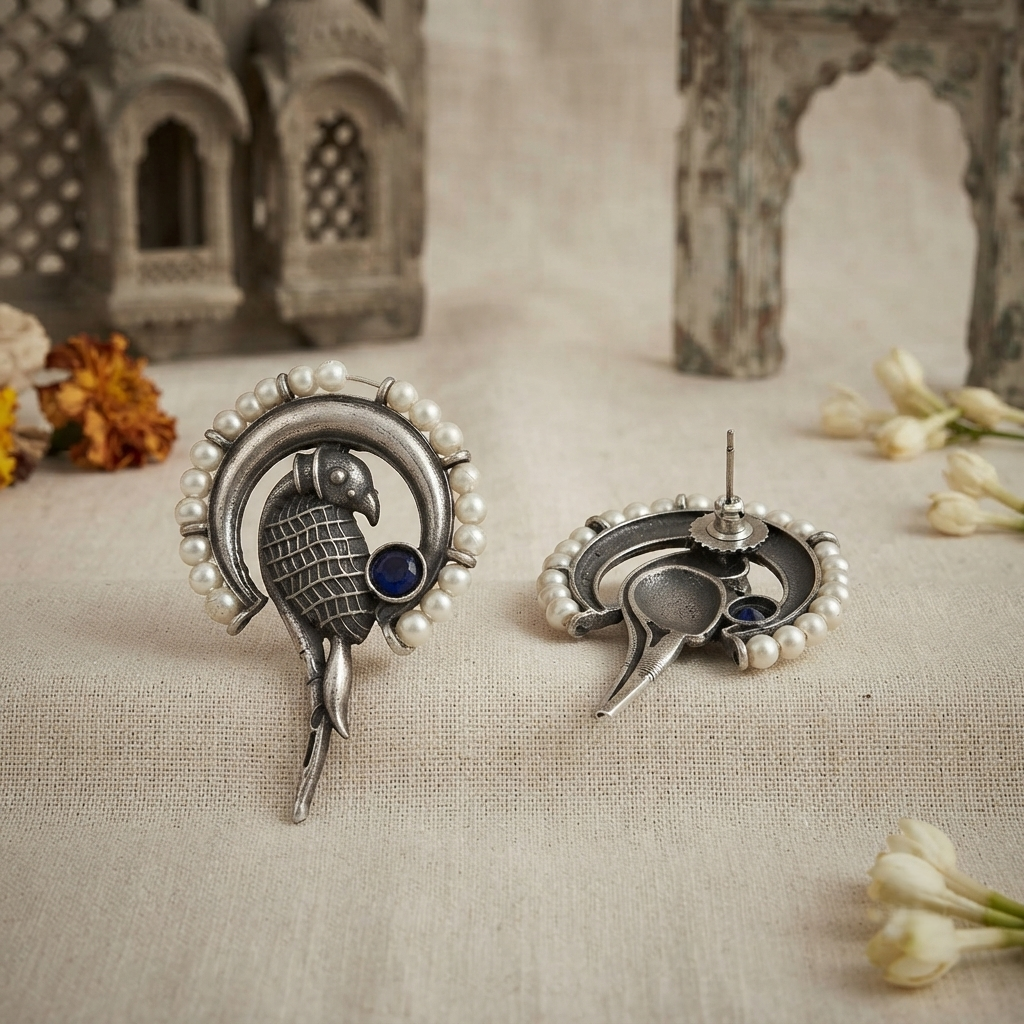 SUSHEE Peacock Pearl Oxidised Earrings
