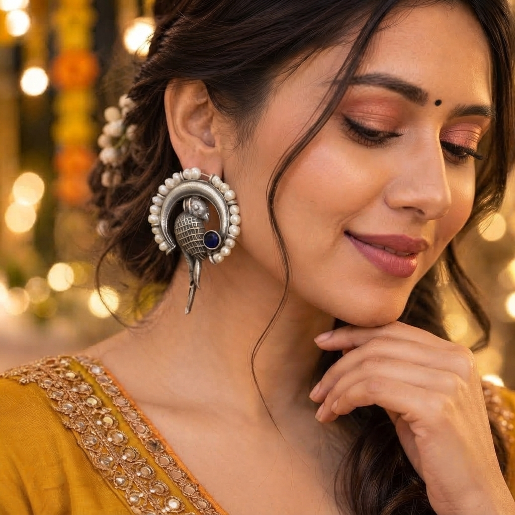 SUSHEE Peacock Pearl Oxidised Earrings