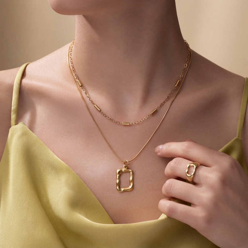 SUSHEE Golden Double-Layer Geometric Necklace