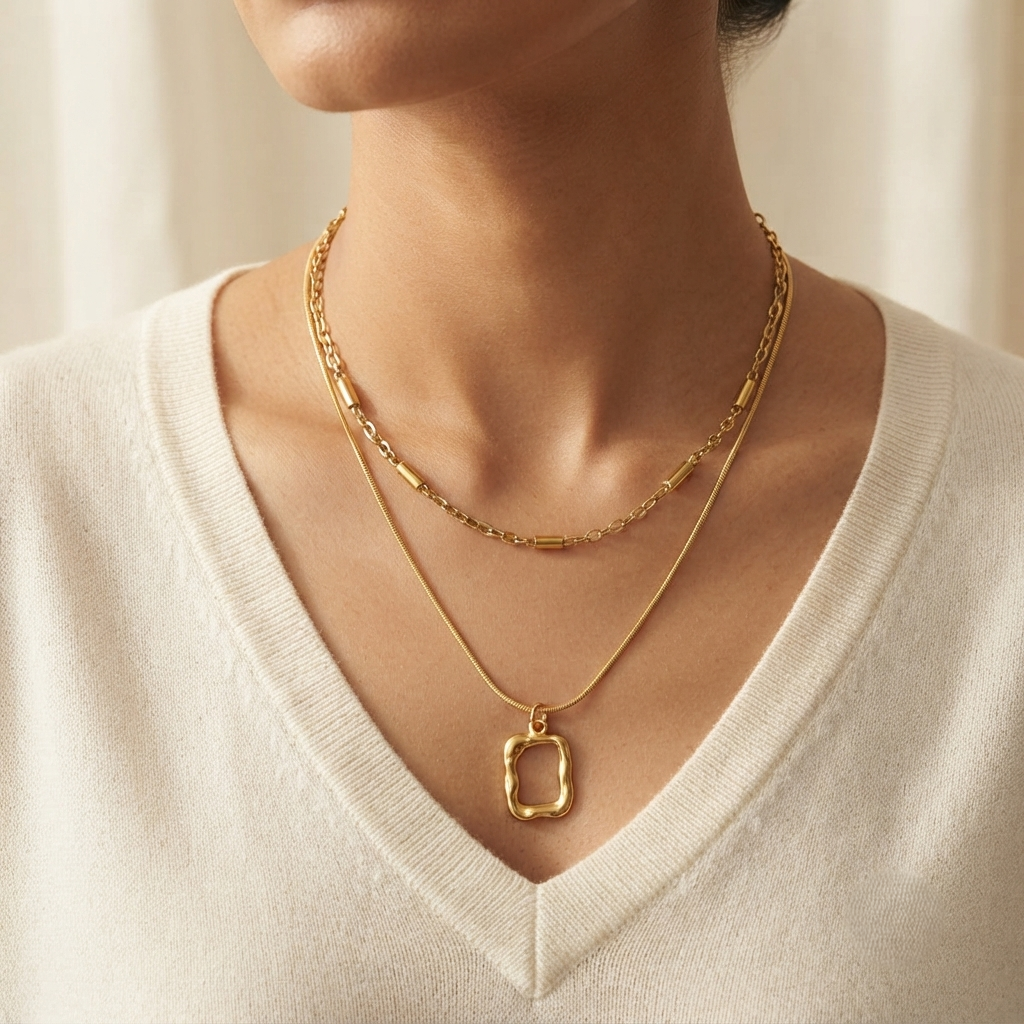 SUSHEE Golden Double-Layer Geometric Necklace