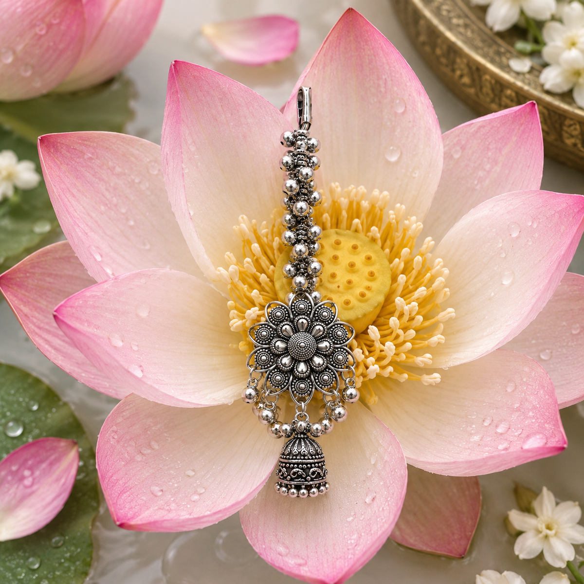SUSHEE Kamal Lotus Oxidised Silver Saree Pin