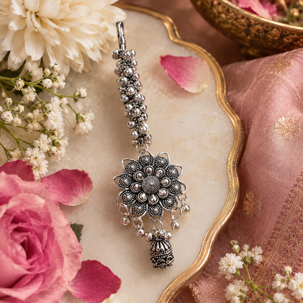 SUSHEE Kamal Lotus Oxidised Silver Saree Pin